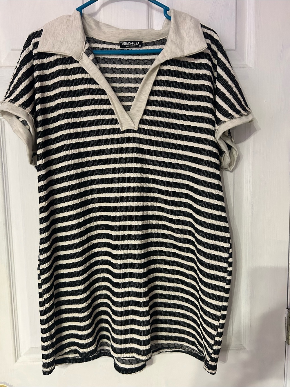 HEIMISH USA Black and Cream Striped Polo Top